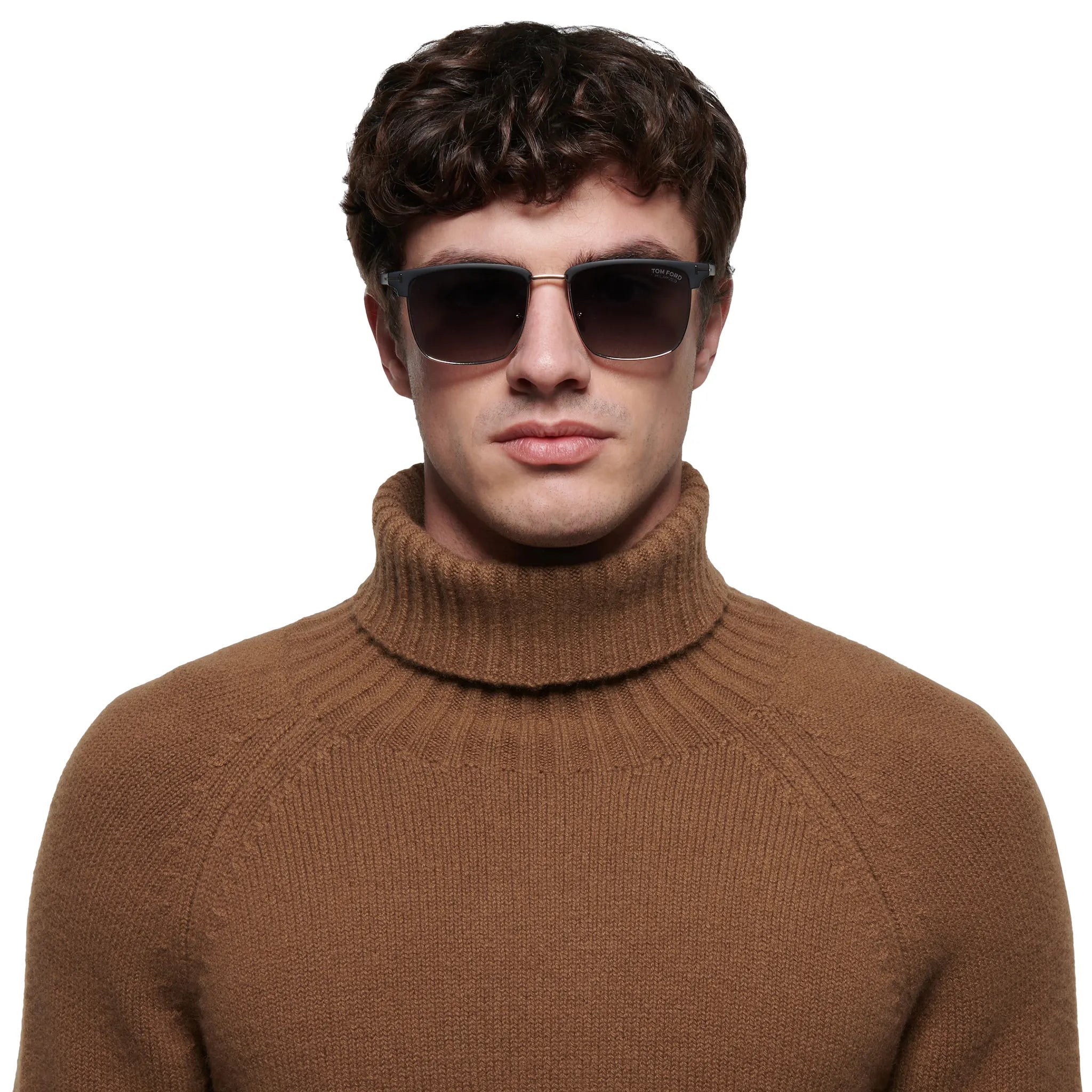 Model front view of Tom Ford Hudson-02 FT0997-H 02D 55 Black Polarised Sunglasses